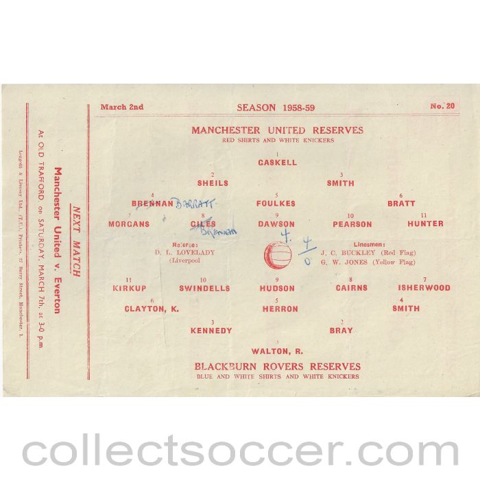 1959 - Manchester United Reserves v Blackburn Rovers Reserves 2/3/1959 Official Football Programme