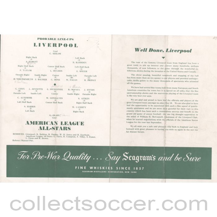 1946 - American Soccer League All Stars v Liverpool 11/6/1946 Rare Programme