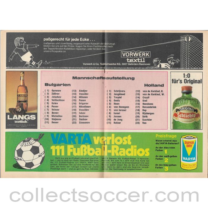 1974 - 1974 Football World Cup Bulgaria v Netherlands Programme