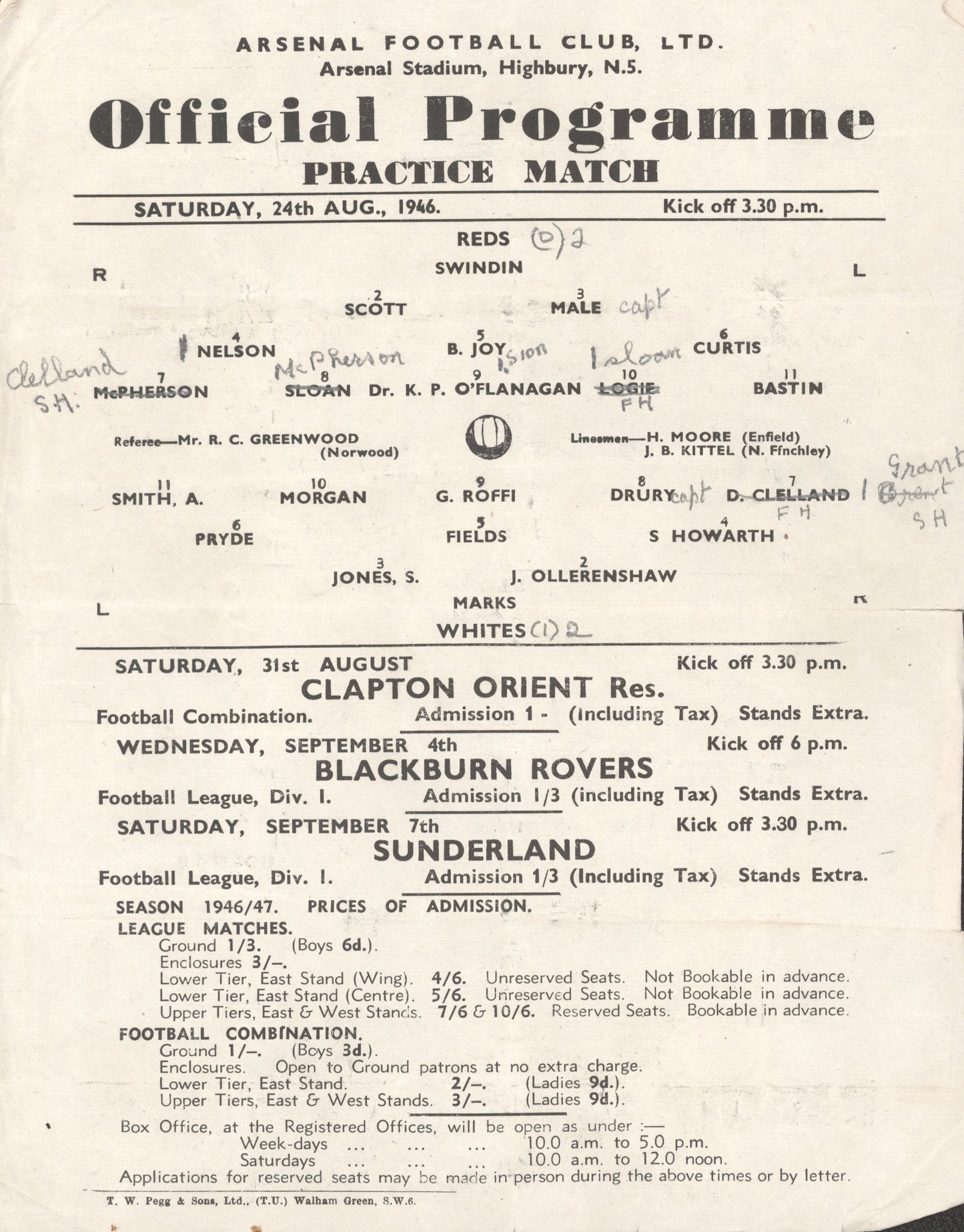 1946 Arsenal Rare Practice Match Programme Reds v Whites