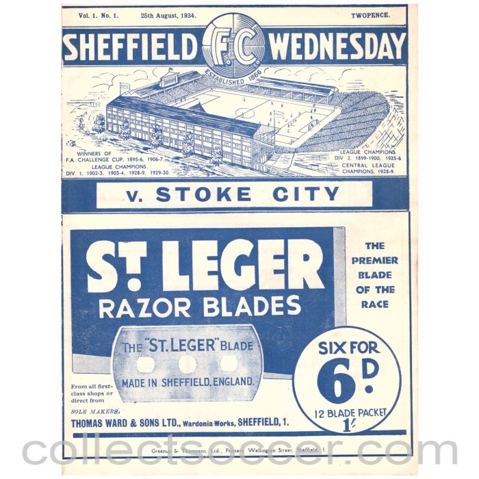 1934 Sheffield Wednesday v Stoke City Football Programme