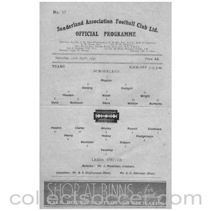 1947 Sunderland v Leeds United Official Programme