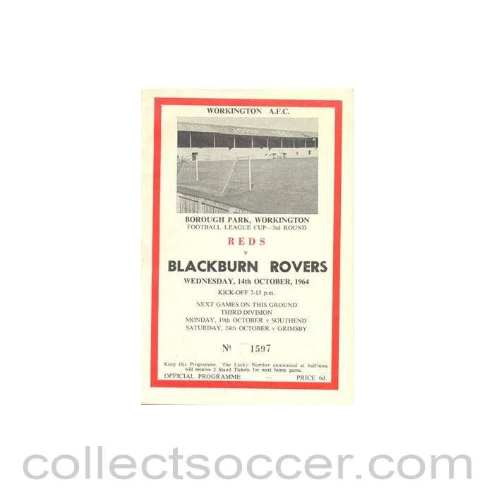 1964 - Workington v Blackburn Rovers official programme 14/10/1964 League Cup - Collect Soccer
