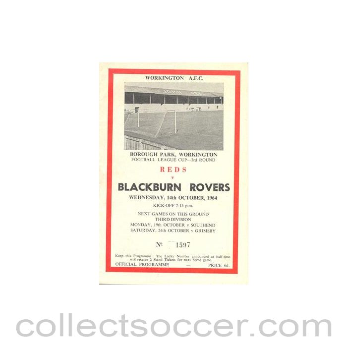 1964 - Workington v Blackburn Rovers official programme 14/10/1964 League Cup
