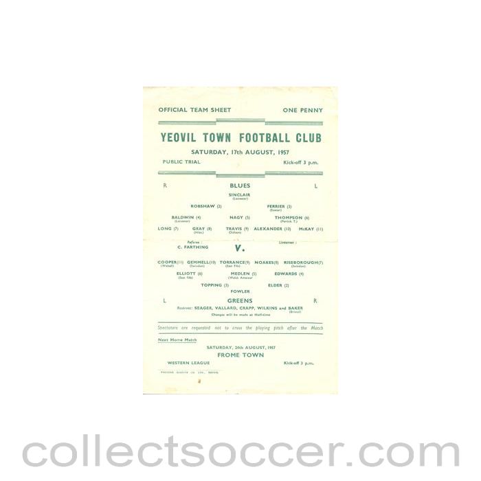 1957 - Yeovil Town practice match official programme 17/08/1957