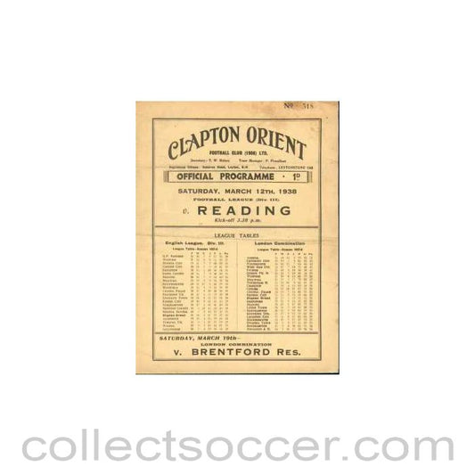 1938 - Clapton Orient V Reading 1938 Programme