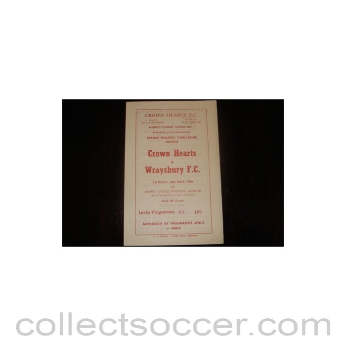 1970 - Crown Hearts v Wraysbury official programme 24/05/1970 Kent Cup