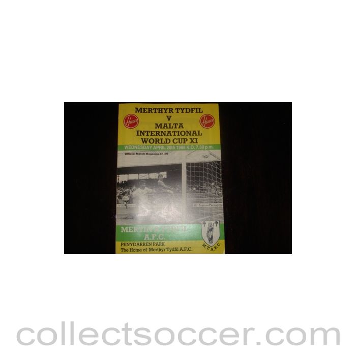 1988 - Merthyr Tydfil v Malta International World Cup XI official programme 20/04/1988, Semi-Professional International