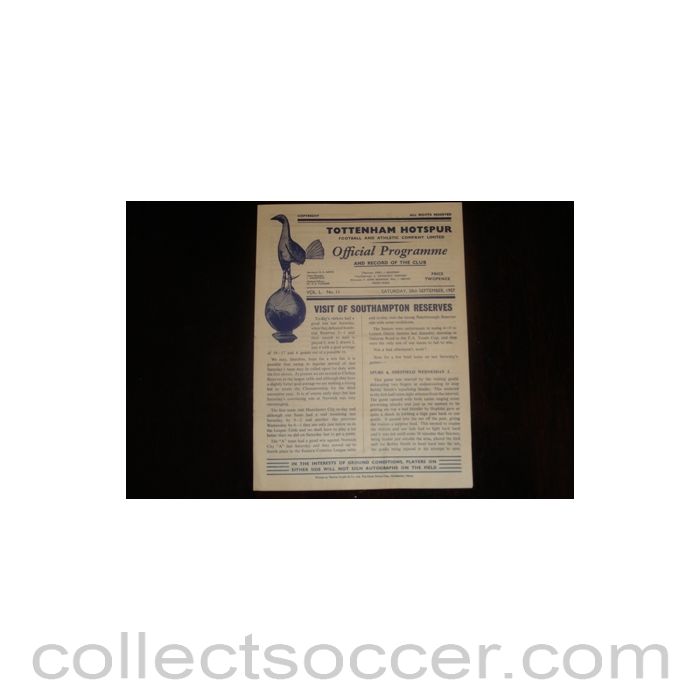 1957 - Tottenham Hotspur Reserves v Southampton Reserves official programme 28/09/1957