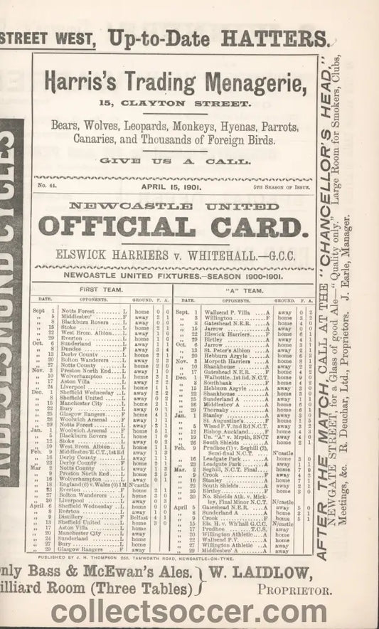 1901 At Newcastle United Elswick Harriers v Whitehall Programme