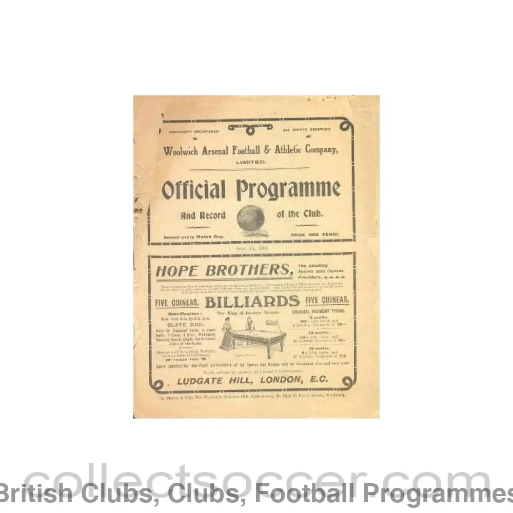 1908 - Arsenal v Bolton official programme 04/04/1908 Very Rare!