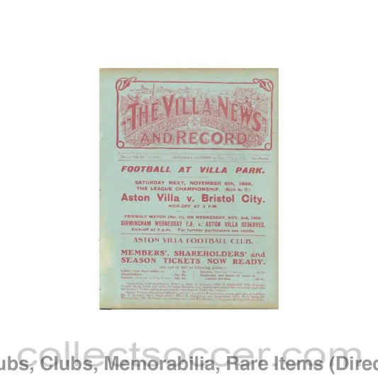 1909 - Aston Villa Reserves v Birmingham Reserves official programme 30/10/1909