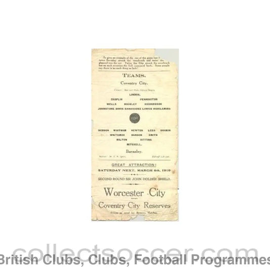 1919 - Coventry City v Barnsley official programme 01/03/1919