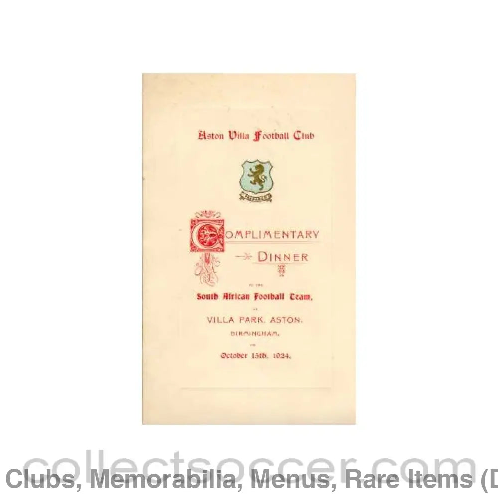 1924 Menu Aston Villa Dinner in Honour of the South Africans