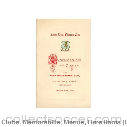 1924 Menu Aston Villa Dinner in Honour of the South Africans