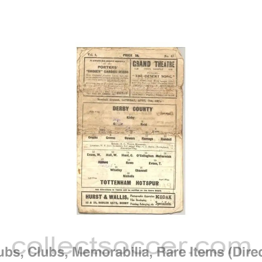 1934 - Derby County v Tottenham Hotspur official programme 07/04/1934