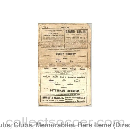 1934 - Derby County v Tottenham Hotspur official programme 07/04/1934