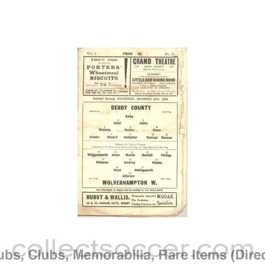 1934 - Derby County v Wolverhampton Wanderers official programme 26/12/1934