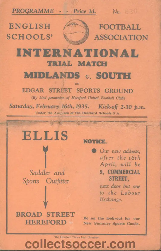 1935 At Edgar Street Hereford International Trial Match Programme Midlands v South