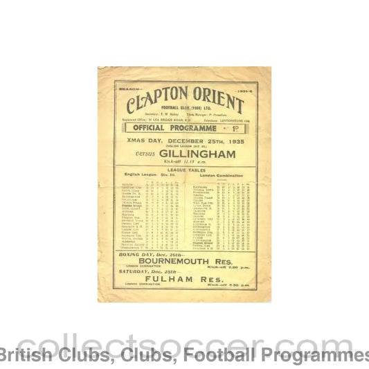1935 - Clapton Orient v Gillingham official programme 25/12/1935