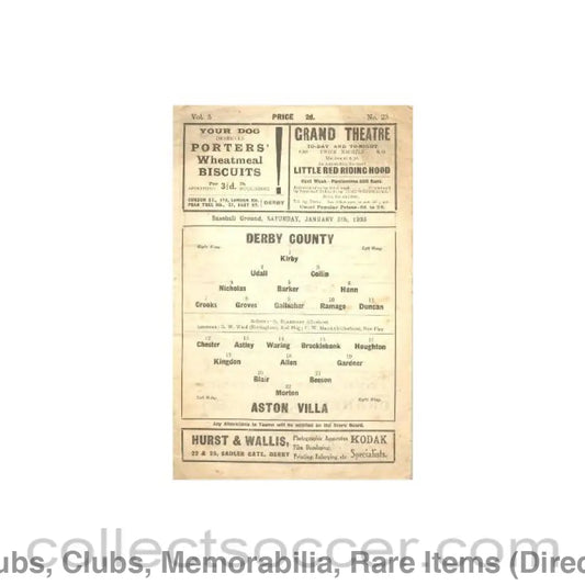 1935 - Derby County v Aston Villa official programme 05/01/1935