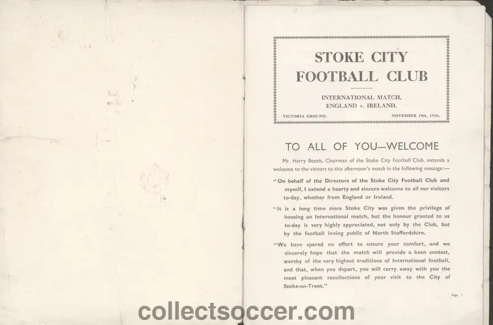 1936 At Stoke City England v Northern Ireland Football Programme