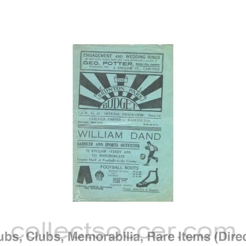 1936 - Carlisle United v Darlington official programme 27/04/1936