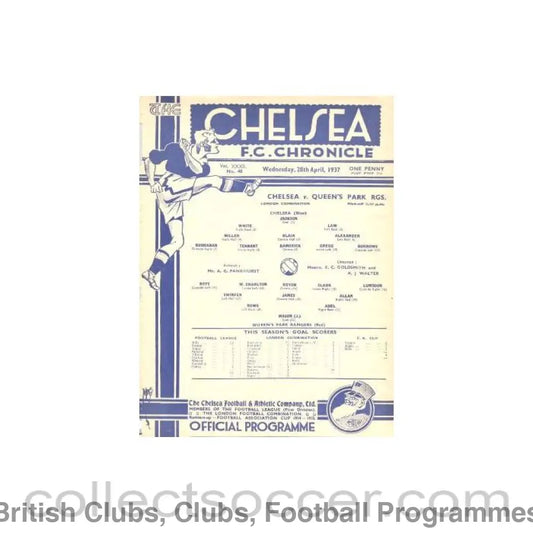 1937 - Chelsea Reserves v Queen’s Park Rangers Reserves official programme 28/04/1937