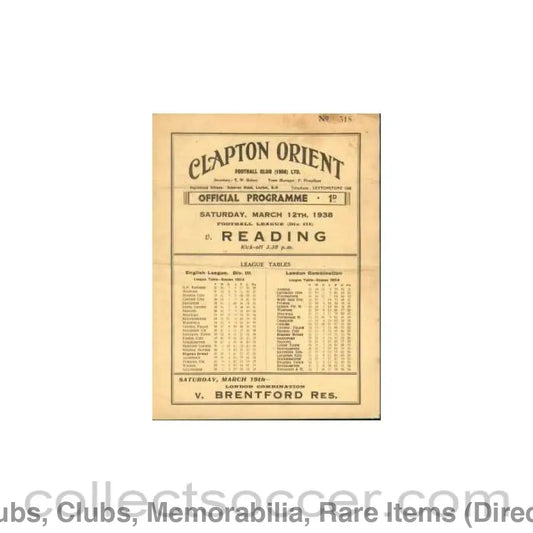 1938 - Clapton Orient V Reading 1938 Programme