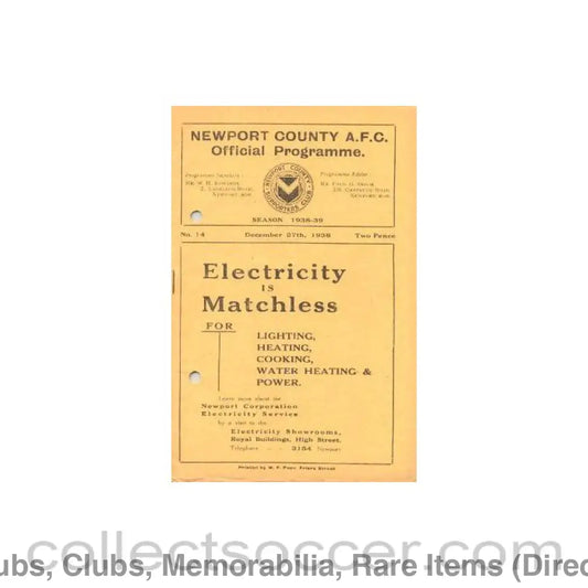 1938 - Newport County v Swindon Town official programme 27/12/1938