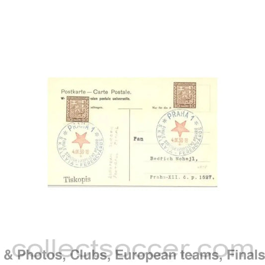 1938 - Slavia Sofia Bulgaria v Ferencvaros Budapest Hungary postcard 04/09/1938 European Final match played in Prag