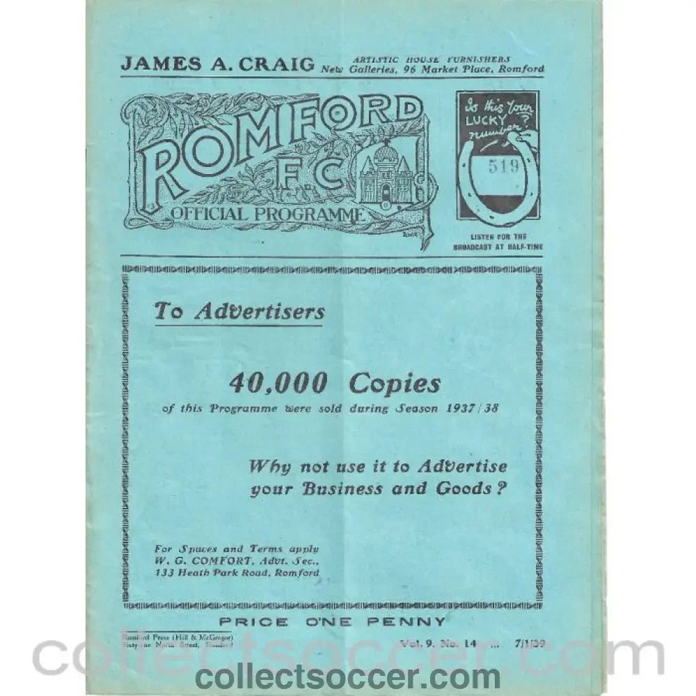 1939 - Romford v Redhill 7/1/1939 Football Programme - Collect Soccer