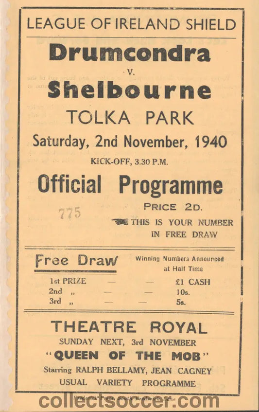 1940 Drumcondra v Shelbourne League of Ireland Shield Programme