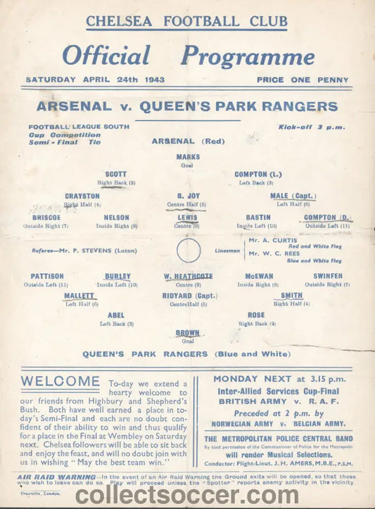 1943 At Chelsea Arsenal v Queens Park Rangers Football League South Semi Final Programme