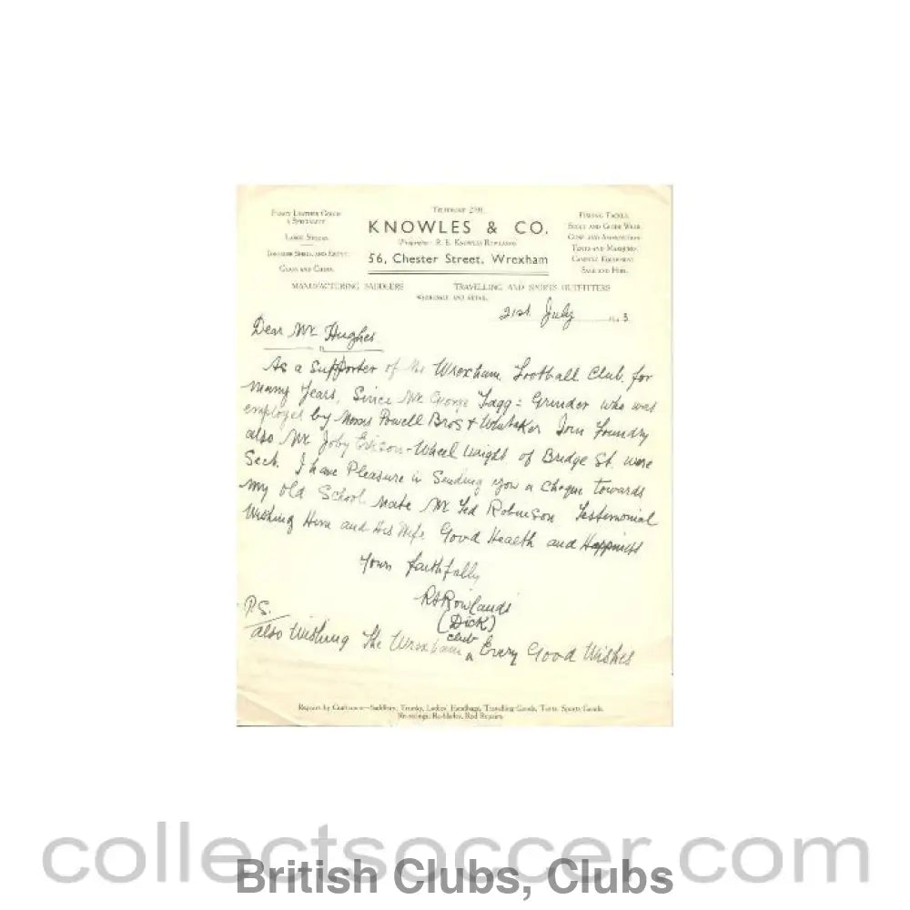 1943 - Knowles & Co. letter about Wrexham Football Club of 21/07/1943