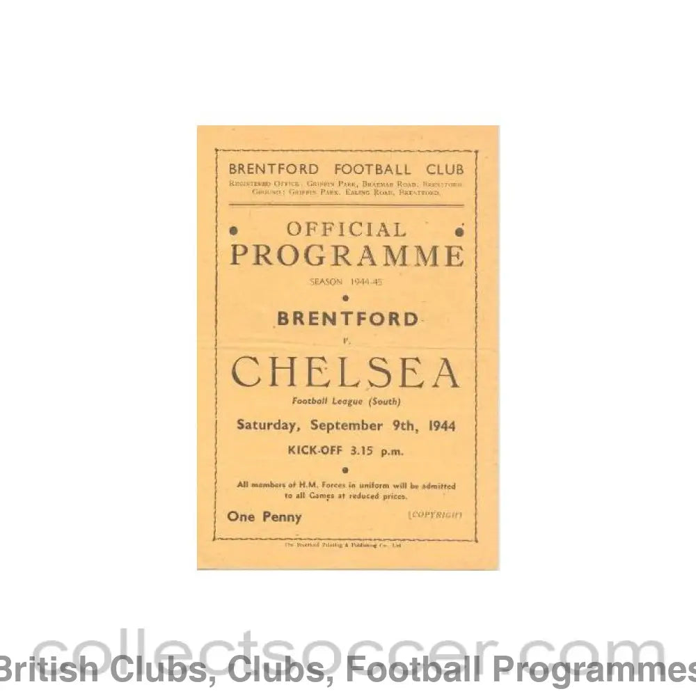 1944 - Brentford vChelsea official programme 09/09/1944