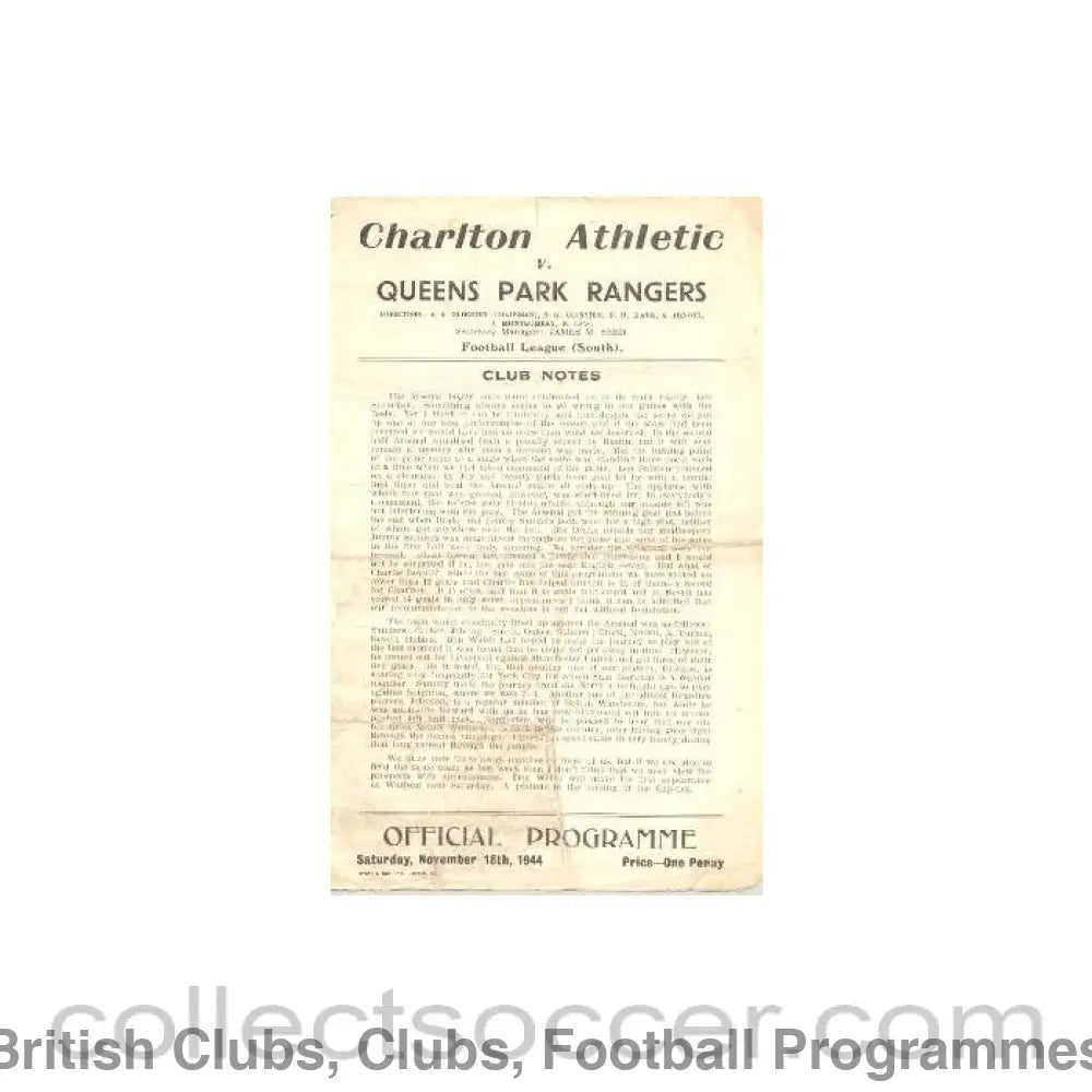 1944 - Charlton Athletic v Queen’s Park Rangers official programme 18/11/1944
