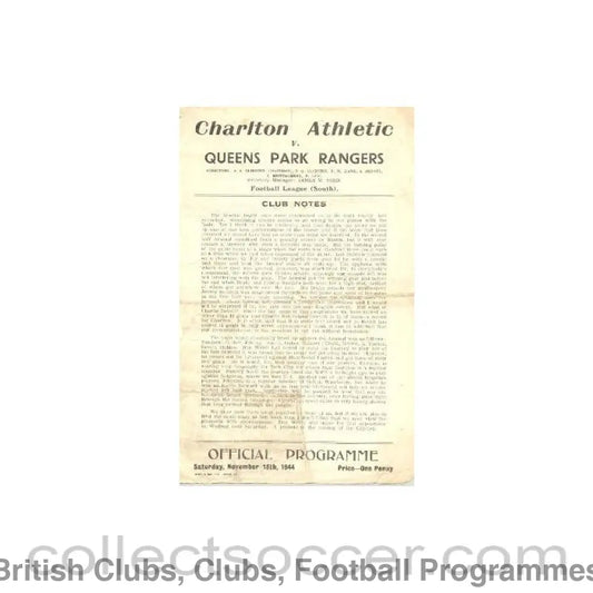 1944 - Charlton Athletic v Queen’s Park Rangers official programme 18/11/1944