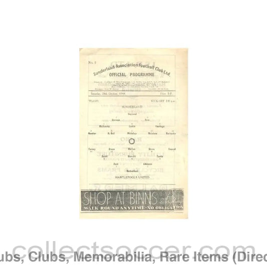 1944 - Sunderland v Hartlepools United official programme 28/10/1944