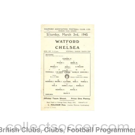 1945 - Watford vChelsea official programme 03/03/1945