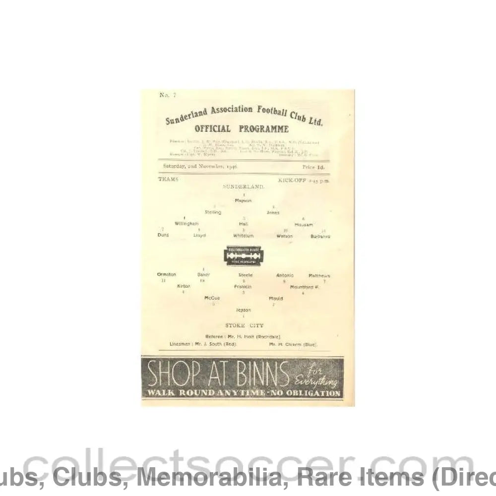 1946 - Sunderland v Stoke City official programme 02/11/1946
