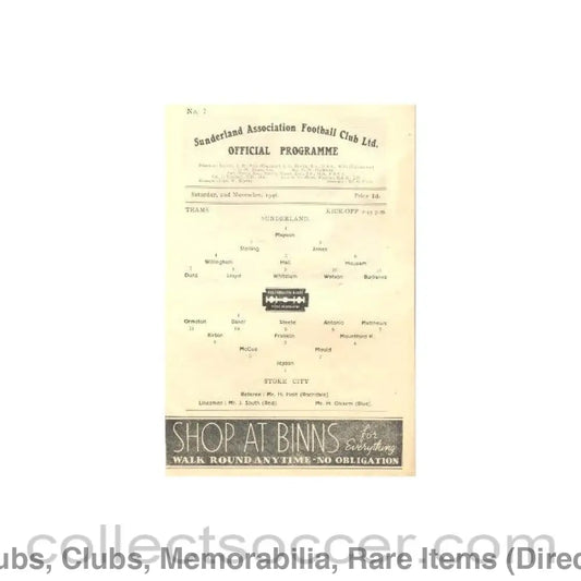 1946 - Sunderland v Stoke City official programme 02/11/1946
