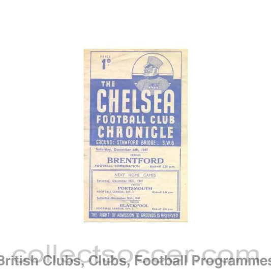 1947 - Chelsea Reserves v Brentford Reserves official programme 06/12/1947