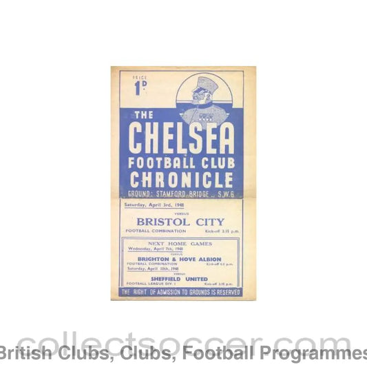 1948 - Chelsea Reserves v Bristol City Reserves official programme 03/04/1948