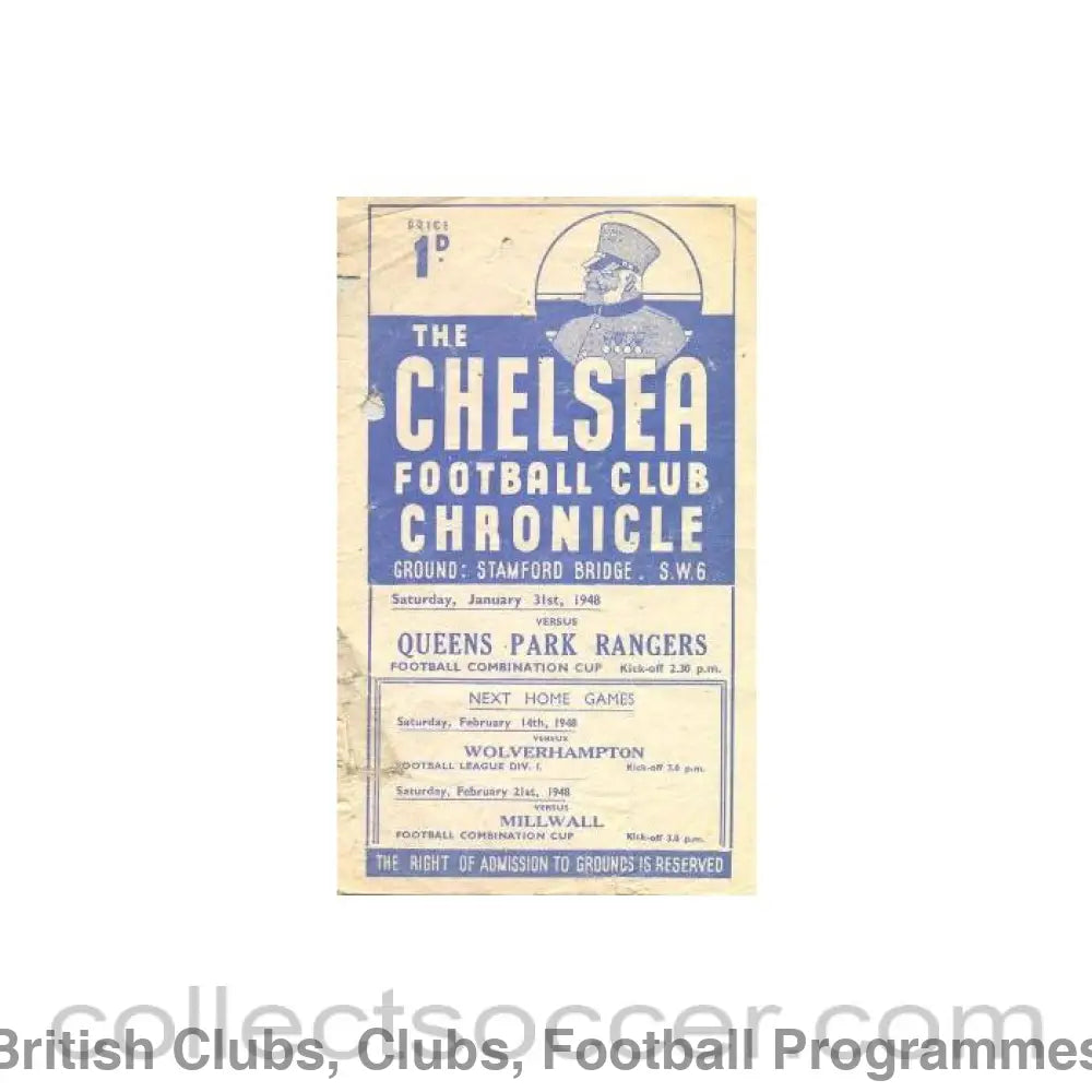 1948 - Chelsea Reserves v Queen’s Park Rangers Reserves official programme 31/01/1948