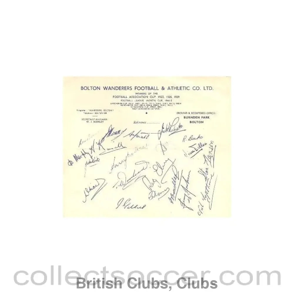 1949 - Bolton Wanderers Athletic Players Signatures Facsimile Season 1949-1950