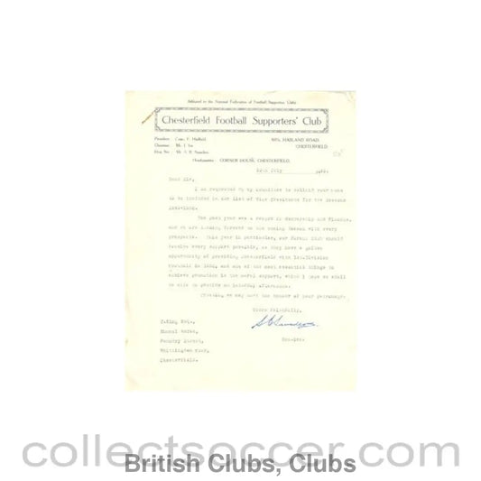 1949 - Chesterfield Football Supporters’ Club letter of 19/07/1949 signed by Saunders with a business card
