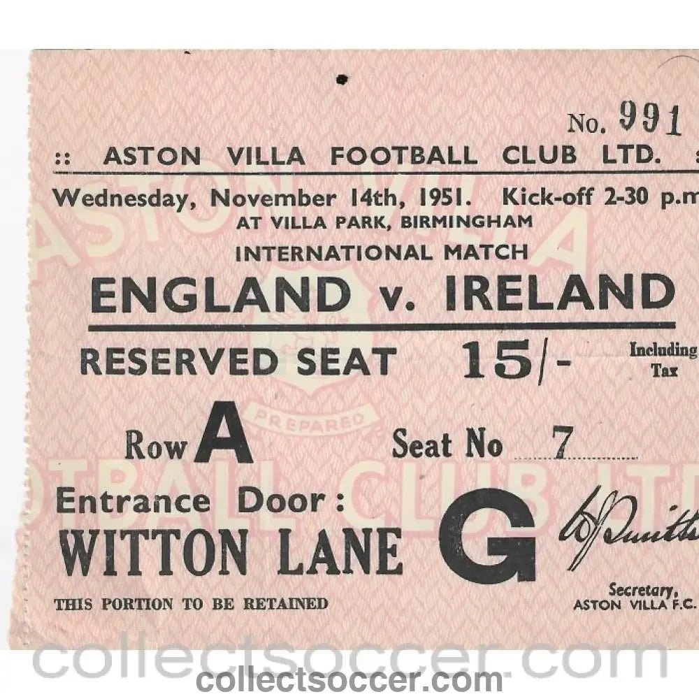 1951 England v Ireland Ticket at Aston Villa - Collect Soccer