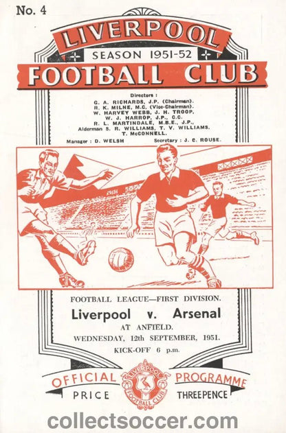 1951 Liverpool v Arsenal Directors Issue Programme 12/9/1951 - Collect Soccer