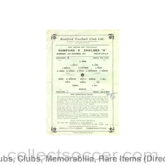 1951 - Romford v Chelsea official programme 12/09/1951